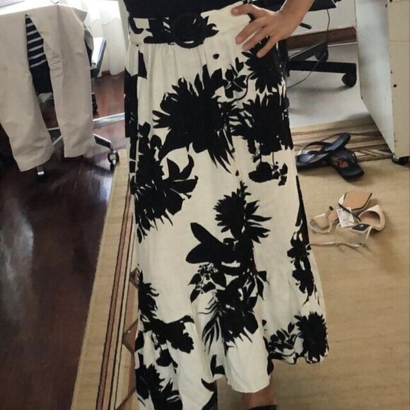 New Zara Belted Linen Blend Floral Print Black/White Midi Skirt NWOT Small - Picture 5 of 17
